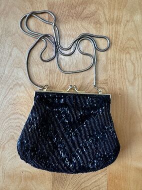 Vintage 1990s Black Beaded Evening Bag with Gold Clasp and Chain